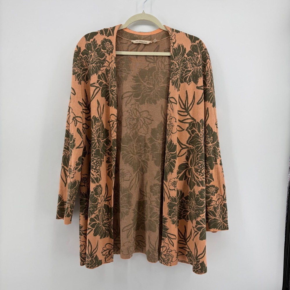 Soft Surroundings Womens Medium Peach Floral Jacquard Open Front Cardigan 2EY40